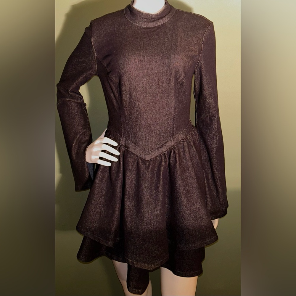 Avec Les Filles Shimmering Denim Long Sleeve Dress